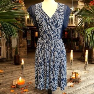 JUICY COUTURE Blue & White Paisley Petite Dress Sheer 100% Silk Panels & Pockets